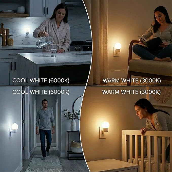 LED Night Lights Plug into Wall 2-Pack, Warm White/Cool White Adjustable,Tool Free Setup Plug in Night Light,1W Bright Nightlight for Adults Room Bedroom Bathroom Hallway Kitchen