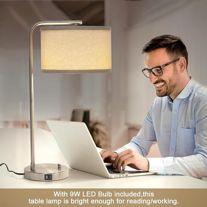 25" Tall Modern Bedside Lamp with USB C+A Ports, Fully Dimmable Table Lamp | NightstanDesk Lamp with Beige Drum Shade, Silver Finish Side Table Lamp for Living Room Bedroom Office, LED Bulb Included