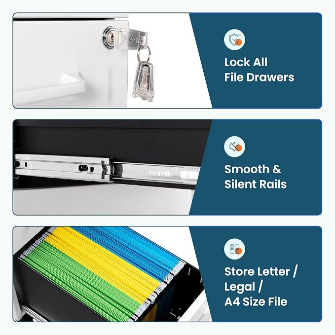 MIIIKO White Filing Cabinet 3 Drawers Under Desk, Metal File Cabinet with Lock for Home Office, Small Mobile File Cabinet for Letter Legal File Folders(Un-Assembled)