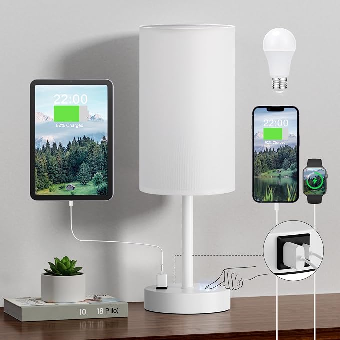 White Nightstand Bedroom Lamp - 3 Way Dimmable Bedside Lamp USB C A Charging Ports and AC Outlet, Small Table Lamp Linen Lampshade for Office Desk
