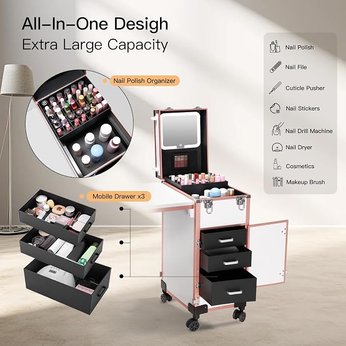 Rolling Portable Manicure Table with 3 Drawers, Lockable Makeup Train Case with Detachable Mirror, Foldable Nail Desk with Wheels & Handle, Mesa de Uñas Profesional para Nail Techs & Salon Use, White