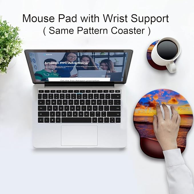 Ergonomic Mouse Pad with Wrist Support Rest,Large Mousepad Gel Wrist Rest, with Coaster Non-Slip & Pain Relief for Computer, Desk, Home&Office-Sunset Beach | Big Mousepad With Coaster Non-slip & Pain Relief for Computer, Home&Office Desk Decor