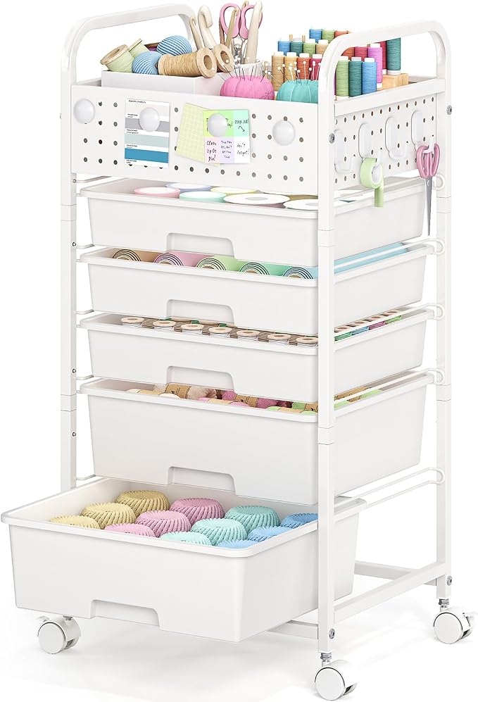 5 Drawer Rolling Storage Cart with Pegboard Top and Hooks, White | Mobile Utility Organizer with Wheels for Office Supplies, Craft Storage, Classroom Organization, Home Storage Cart