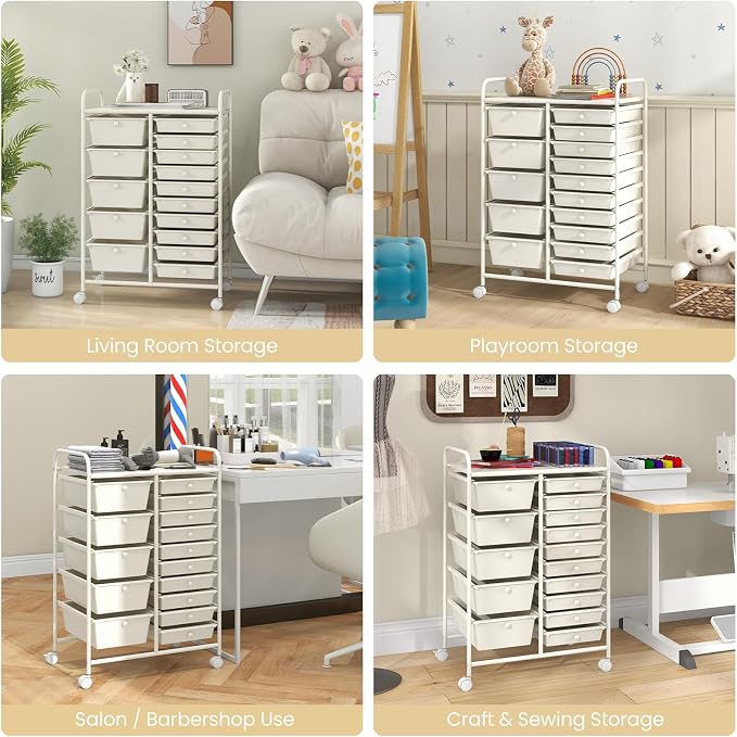 RELAX4LIFE 15-Drawer Storage Drawer Carts - Mobile Rolling Utility Cart w/Wheels, Craft Organizer for Classroom Organization and Storage, School, Office, Home, Storage Organizer Cart (White)