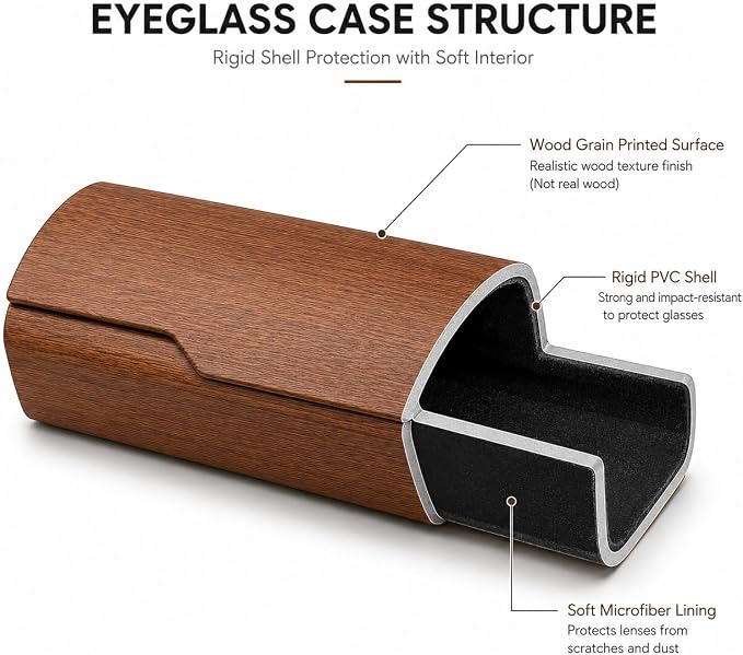 3 Pack Glasses Case Hard Shell, Wood Grain Cases with Cleaning Cloths | Flocked-Lining Eyeglass Cases for Standard Eyeglasses, Reading Glasses and Small to Medium Sunglasses, Men Women