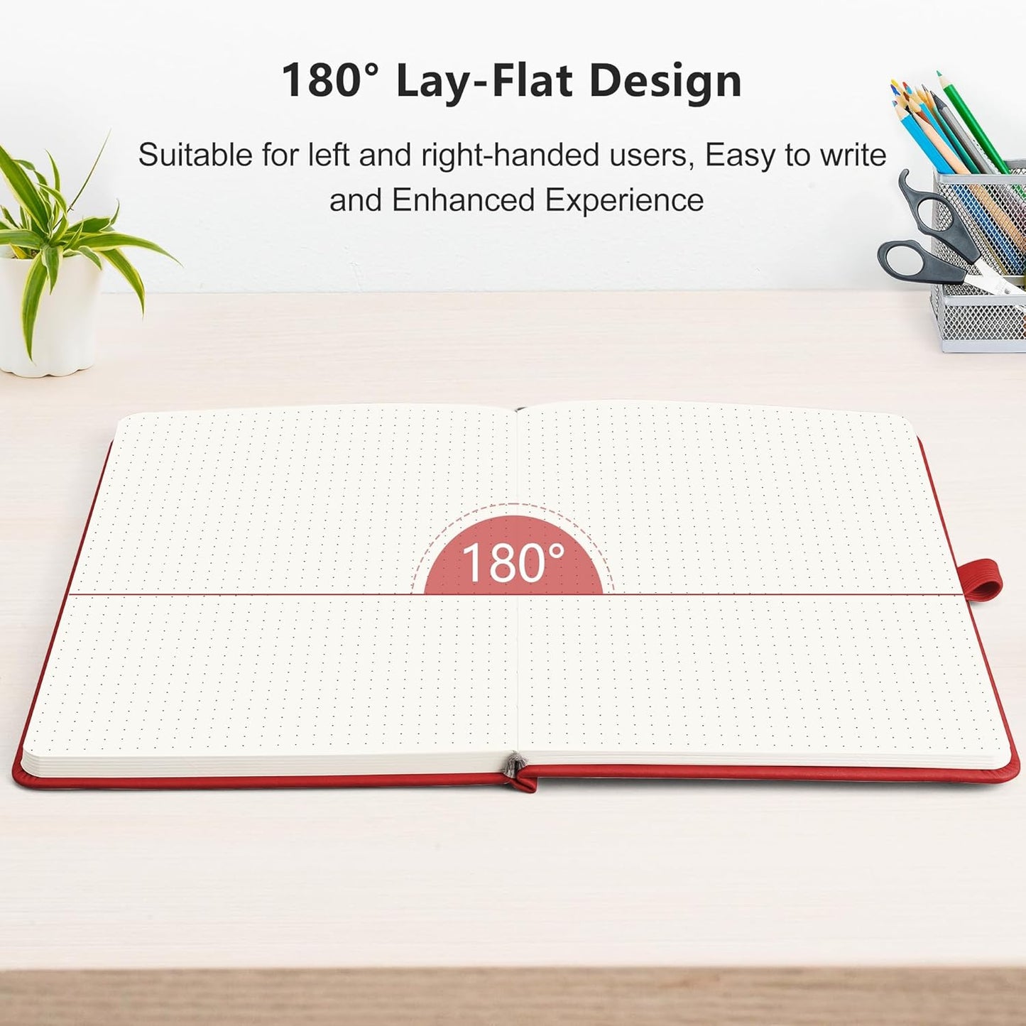 RETTACY Bullet Dotted Journal Notebook, 192 Pages, A5 Medium Size (5.7'' x 8.3''), Leather Hardcover, 100 GSM Thick Paper, for Bullet Journaling, Planning, Tracking (Red)