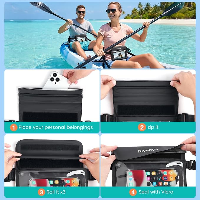 Niveaya IPX8 Waterproof Fanny Pack, Waterproof Pouch Dry Bag for Beach, Kayaking, Swimming, Boat Travel Cruise Essentials, Waterproof Phone Bag Passport Holder for Women Men(2 Pack)