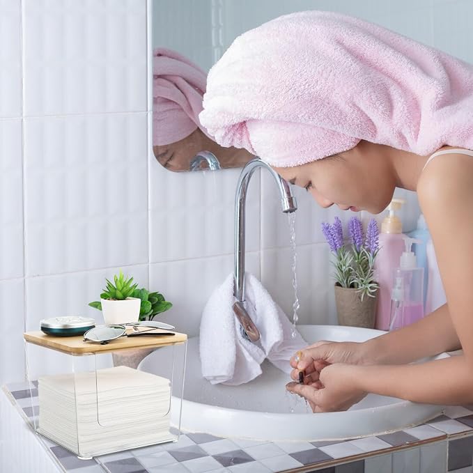 Rainmae Disposable Face Towel Holder, Acrylic Facial Towels Storage Box for XL Clean Skin Club, Upgrade Large Tissue Holder with Bamboo Lid Towel Organizer Container for Bathroom Vanity Countertop