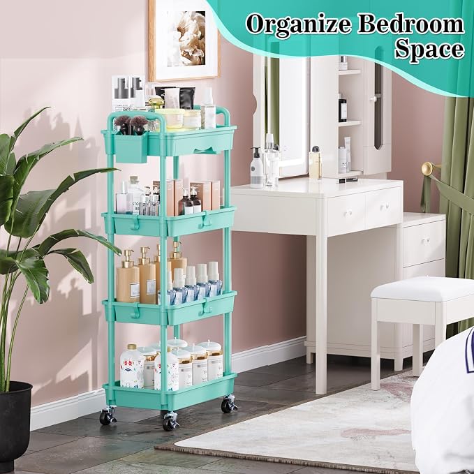 SUNALLY 4 Tier Rolling Cart with Drawer, Craft Storage Cart Organizer, Blue | Bathroom Storage Organizer with 2 Lockable Wheels, Rolling Utility Cart for Kitchen, Office, Baby, Makeup, Nail,Snack,Laundry