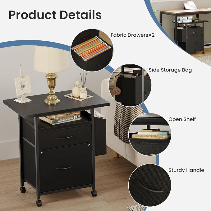 DUMOS 2 Drawer Mobile File Cabinet, Printer Stand with 24'' Wide Desktop | Fabric Drawer Cabinet Under Desk with Storage Side Bag,Rolling Printer Cart Not for Hanging Files for Home Office, Black