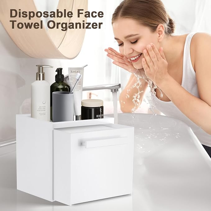 Disposable Face Towel Storage Box Compatible with Clean Skin Club Clean Towel XL Acrylic Facial Towels Holder with Drawer Wall-Mounted Makeup Organizer for Vanity, Bathroom (Glossy White) | Premium Thicken Acrylic | Compatible with Clean Skin Club Towe...