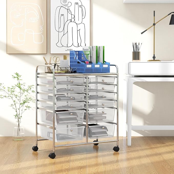 BECOMFORT 12-Drawer Rolling Cart with Drawers, Storage Cart on Wheels, Teacher Classroom Organizers with Metal Frame, Mobile Craft Cart, Trolley Utility Cart for School Office Play Room