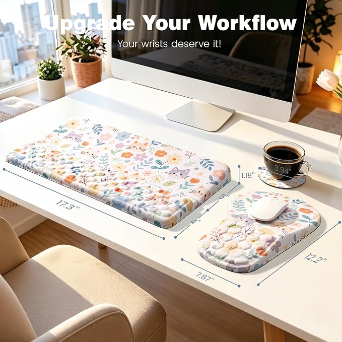 Ospelelf Keyboard Wrist Rest and Mouse Pad Set, Ergonomic Memory Foam Wrist Support, Aesthetic Desk Accessories for Office, Home & Gaming, Relief for Carpal Tunnel & Wrist Pain,Floral Cat