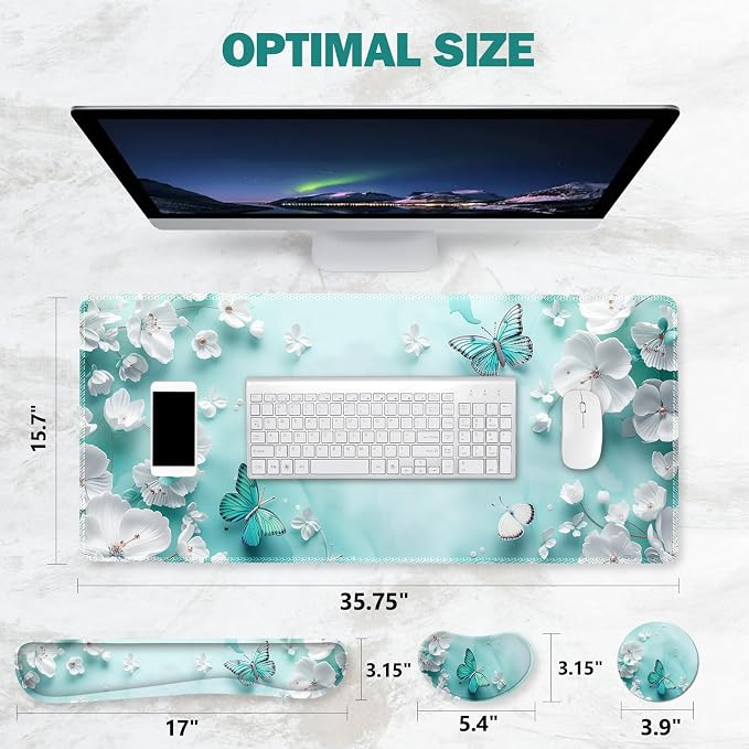 ToLuLu Large Mouse Pad Desk Pad, Wrist Rest Desk Mat for Keyboard and Mouse | 4PCS 35.4”x15.7" XXL Giant Mouse Pad, Non-Slip Base Stitched Edges Mousepad for Home Office, Teal Butterfly