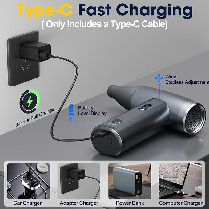 Metal Electric Compressed Air Duster, 300000RPM Brushless Motor with Stepless Speed, Rechargeable Cordless Mini Blower for Computer Keyboard Cleaning, Car Detailing, House and Outdoor Use(Grey)