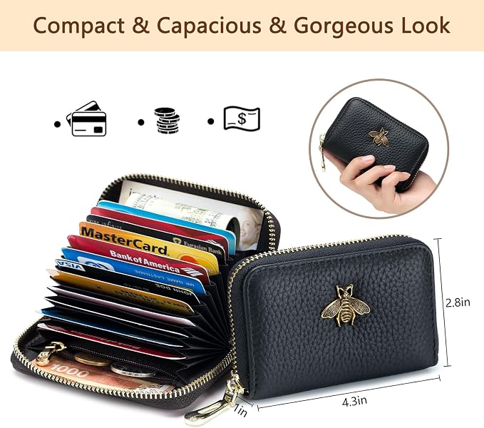 imeetu RFID Credit Card Holder, Small Card Wallet Women, Leather Card Case | Genuine Leather Women's Card & id Cases, Change Coin Purse with Zipper Keychain id Window, 20 Colors & 3 Styles, Daily, Gifts
