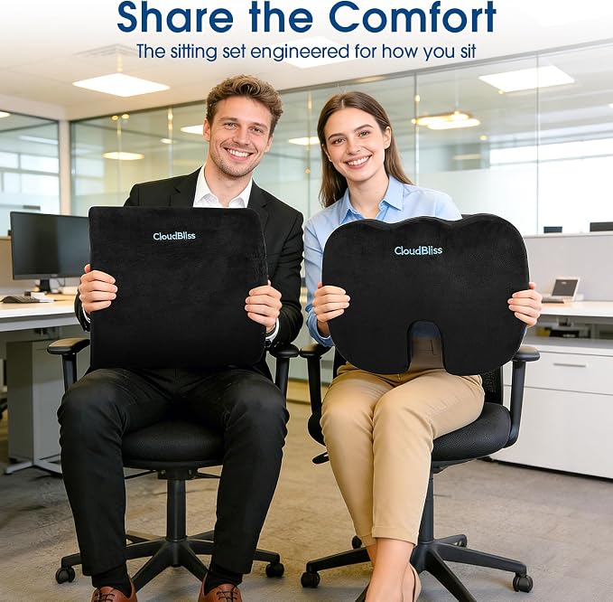 CloudBliss Lumbar Support Pillow & Seat Cushion Set for Office Chair, Desk Chair, Wheelchair & Car–Memory Foam Back Support,Ergonomic Chair Cushions,Sciatica Pain Relief,Home Essentials(Black,XL)