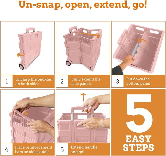 Ultra-Slim Rolling Collapsible Storage Pack-N-Roll Utility-carts, with Telescopic Handle, for Home, Garden, Shopping, Office, School use, Medium, Raspberry Pink