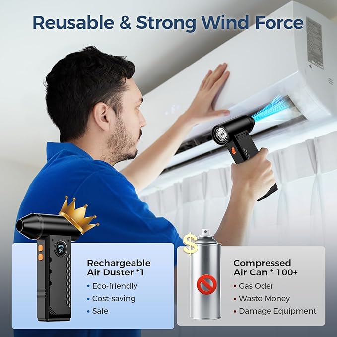Compressed Air Duster, 150000RPM Electric Air Duster with LED Display & Light, 4 Gear Adjustable Cordless Air Blower, Rechargeable Brushless Motor Turbo Fan for Keyboard, Electronic Devices, Home, Car