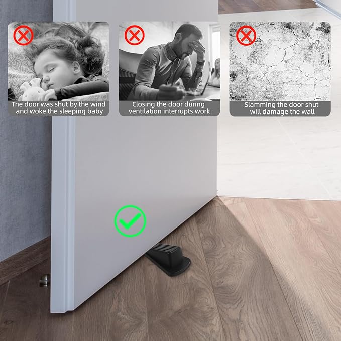 JZWBLILY Door Stoppers for Bottom of Door on Floor, Premium Rubber Door Stopper Wedge, Floor Sturdy Stackable Door Stops for Carpet Heavy Duty Door, Door Gaps (Black, 4 Pack)