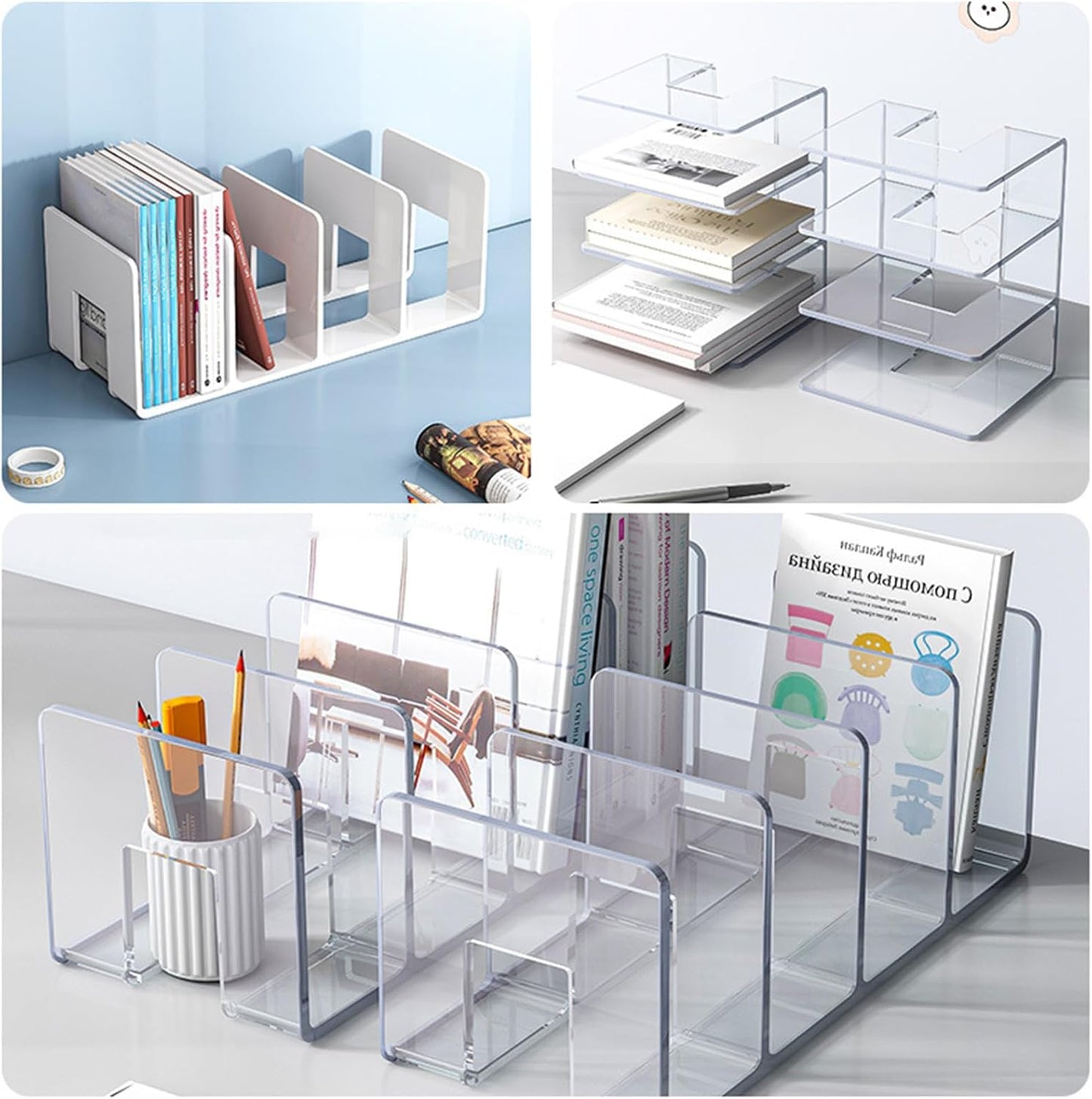 2PCS Acrylic File Organizer for Desk, Desktop Document/Mail Organizer, 4 Compartments Plastics Invisible Bookshelf Floating (12.5" x 5.7" x 5", Pink)