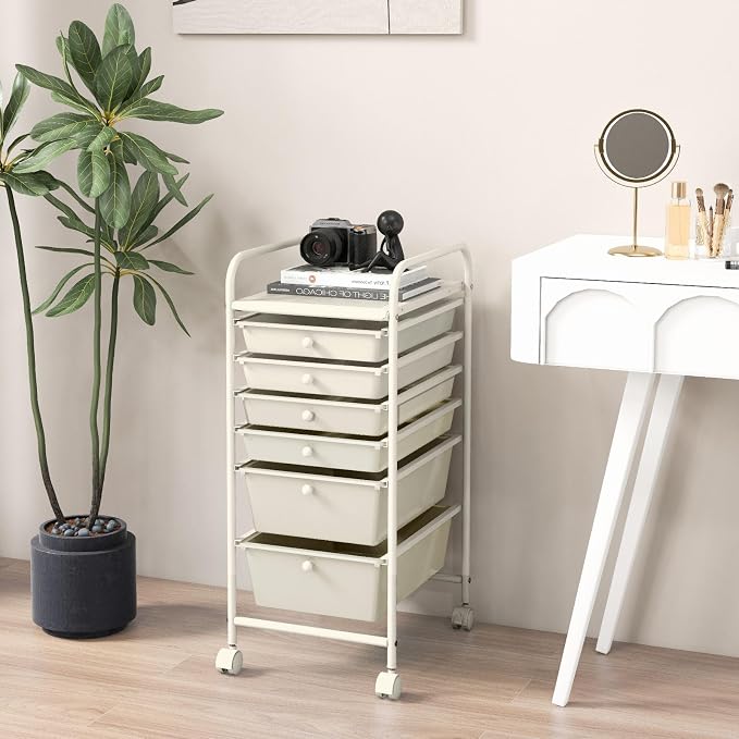 COSTWAY 6-Drawer Rolling Storage Cart, Art Craft Tools Organizer on Wheels | Multifunctional Heavy Duty Utility Mobile Storage Trolley w/ 2 Lockable Wheels for Home Office School (White)