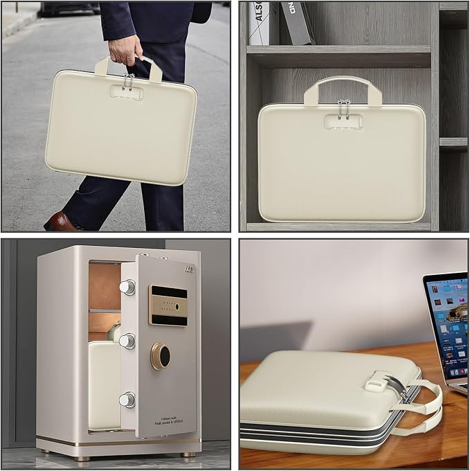 Fireproof File Organizer with Lock, Hard-Shell Document Box, Beige | Water Resistant, 13-Pocket Expanding Folder, Portable Safe Storage for Letter Legal Files, Laptop, Valuables, Large Capacity