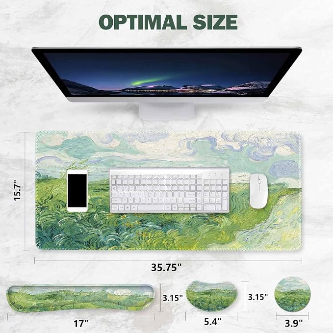 ToLuLu Extended Gaming Mouse Pad, Memory Foam Keyboard Mouse Wrist Rest Set | Large Desk Mat with Stitched Edges, Non-Slip Base Ergonomic Support Mousepad for Home Office Game and Study, Green Theme