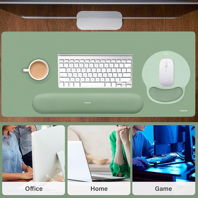 MOSISO Wrist Rest for Mouse Pad Set, Large Gaming Deskpad, Green | Circle Curved Mousepad&Keyboard Wrist Rest&Coaster, Ergonomic Non-Slip Mousepad&Easy Typing Pad with Silicone Lining