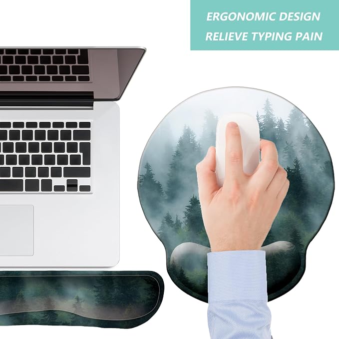 Keyboard Wrist Rest Pad Mouse Pad with Wrist Support Set of 3, Mousepad with Non-Slip Rubber Base, Ergonomic Memory Foam Mouse Wrist Cushion Support for Home Office Laptop Computer Gaming, Forest