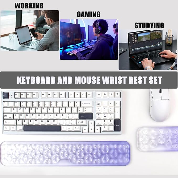 Gel Keyboard and Mouse Wrist Rest Set – Water Ripple Wrist Rest for Computer Keyboard 60%/68%/75%, Comfort & Support for Typing and Gaming (Purple Gradient)