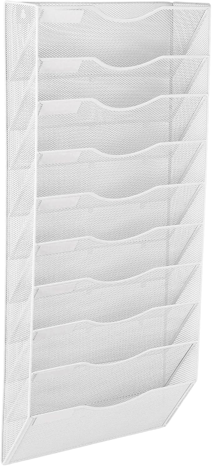 10 Pocket Mesh Hanging Wall File Organizer, Wall Mounted Mail Paper Document Folder Holder, Clipboard Storage Organization Magazine Rack with Nametag Label for Office Home School, White