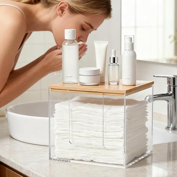 Rainmae Disposable Face Towel Holder, Acrylic Cosmetic Facial Towel Storage Box for XL Clean Skin Club, Upgrade Tissue Holder with Bamboo Lid Towel Organizer Container for Bathroom Vanity Countertop