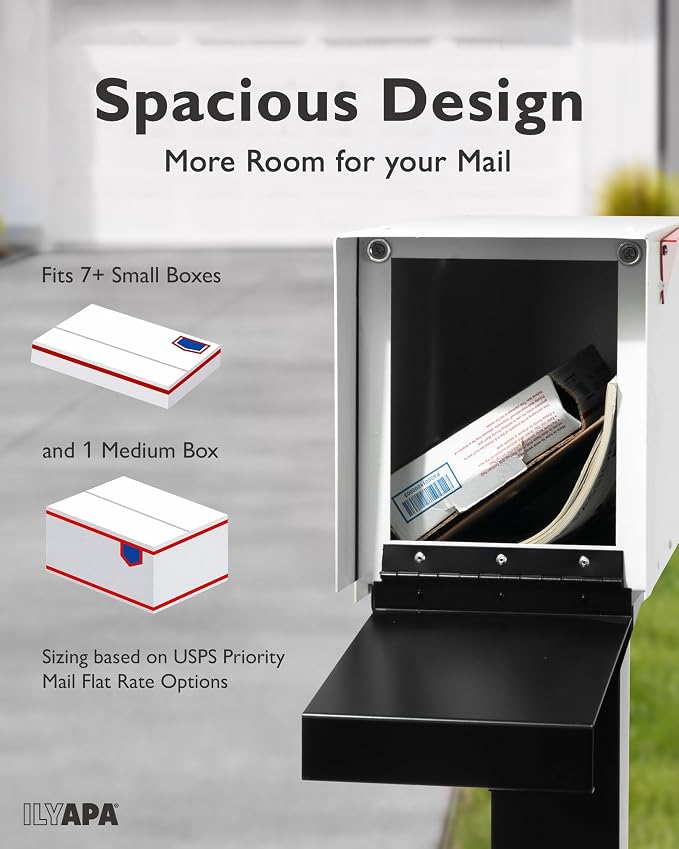 Ilyapa Modern Mailbox for Post Mount - White with Black Door Powder Coated Steel, Waterproof Letter Box for Parcels, with Recessed Magnetic Close Door