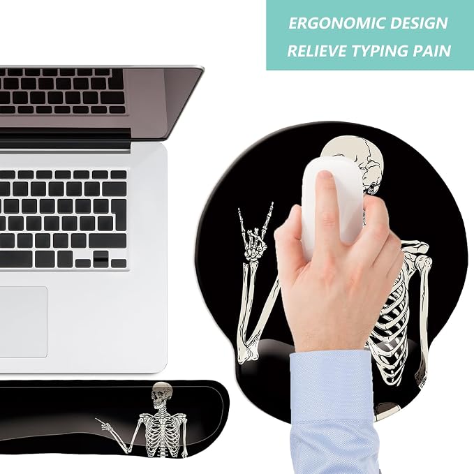 Keyboard Wrist Rest Pad Mouse Pad with Wrist Support Set of 3, Mousepad with Non-Slip Rubber Base, Ergonomic Memory Foam Mouse Wrist Cushion Support for Home Office Laptop Computer, Human Skeleton