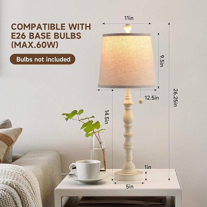Terpsichore Lamps for Living Room Modern Farmhouse Table Lamp Bedside Reading Lamps Set of 2 Night Stands Bedroom Night Lamp,with Fabric Lamp Shade (White, High 26.25 Inch)