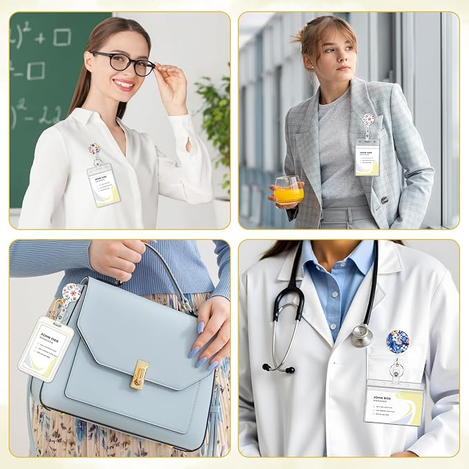 BESARME 3 Pack Badge Reels Retractable Badge Clip with Key Ring Retractable Badge Holders for Office Worker Teacher Nurse Student(Flower)