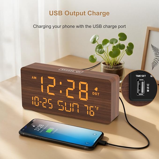 DreamSky Wooden Digital Alarm Clocks for Bedrooms with Date & Day of Week | Living Room Desk Clock, Temperature, USB Port, Dimmer Wheel, Adjustable Volume, Auto DST, Office Wood Decor (Plug-in)