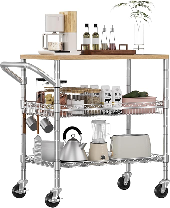 3 Tier Rolling Kitchen Carts with Wheels, Heavy Duty Rolling Utility Cart with Wood Tabletop, Commercial Grade Metal Cart with Handle and Hooks, NSF Storage Serving Island Carts, Light Wood+Metal