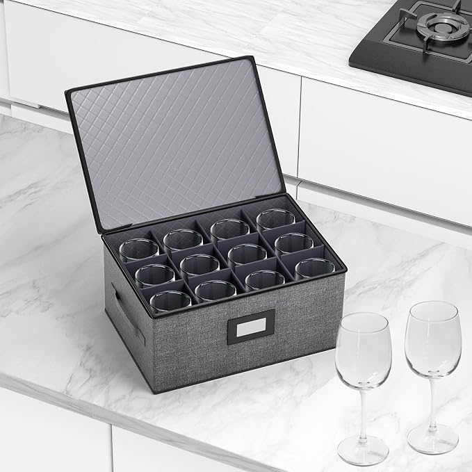 Aokeyee 2-Pack Wine Glass Storage Box with Dividers, Hard Shell Stemware Case Holds 24 Crystal Glasses & Drinkware, for Moving & Protection, Grey