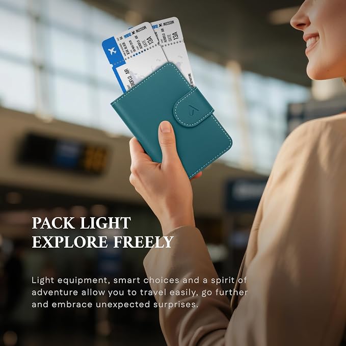 ALLIVE Rfid Passport Holder for Travel Women & Men, Passport Cover Wallet with AirTag Hidden, Genuine Leather Passport Holder Essential for Business Travel, Airport Security (Lake Blue)