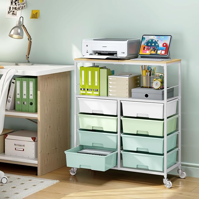 Rolling Storage Cart with 8 Large Drawers, Wooden Tabletop | Open Storage Shelves, Mobile Craft Organizer with Lockable Wheels for Home, Classroom, Office Supplies & Art Studio,Green