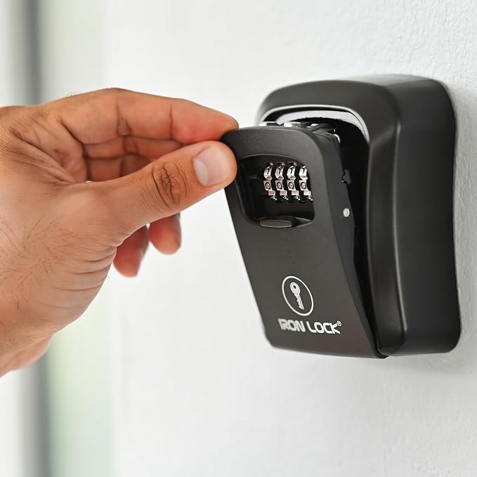 Iron Lock® Medium Wall Mount Combination Key Lock Box, Outdoor (Black) | Screw-in wall mount (4 screws + 4 anchors) — not magnetic, does not hang; weather-resistant zinc alloy, includes key hanger