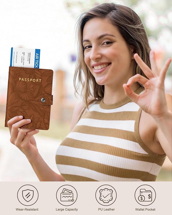 Slohif Elegant RFID Passport Holder for Travel with AirTag Rust Brown | Floral Embossed Passport Wallet for Women, Slim Vegan Leather Travel Organizer with Money Pocket and Card Slots