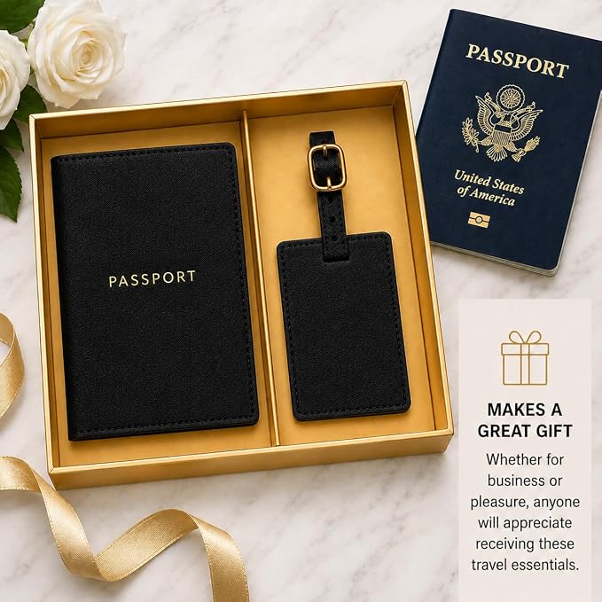 Eccolo Passport Cover Holder And Luggage Tag Set In Gift Box, Saffiano Classic Black | Faux Material, Adjustable Buckle Strap, Privacy ID Window, Slim Lightweight Build for Easy Carry