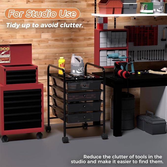 4 Tier Utility Rolling Cart with 4 Drawers Multipurpose Rolling Storage Cart with Wheels and Handles for Office Classroom Kitchen Bathroom Bedroom Organization Black