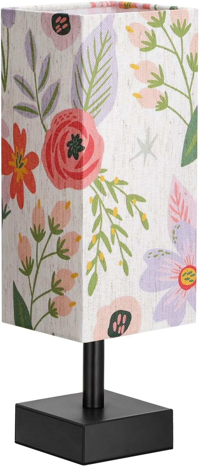 aooshine Small Bedside Table Lamp for Bedroom - Square Floral Fabric Shade | Inline Rocker Switch, Corded Electric, Bulb Not Included, 12.8" Mini Table Lamp for Nightstand, Desk, Dorm, Office