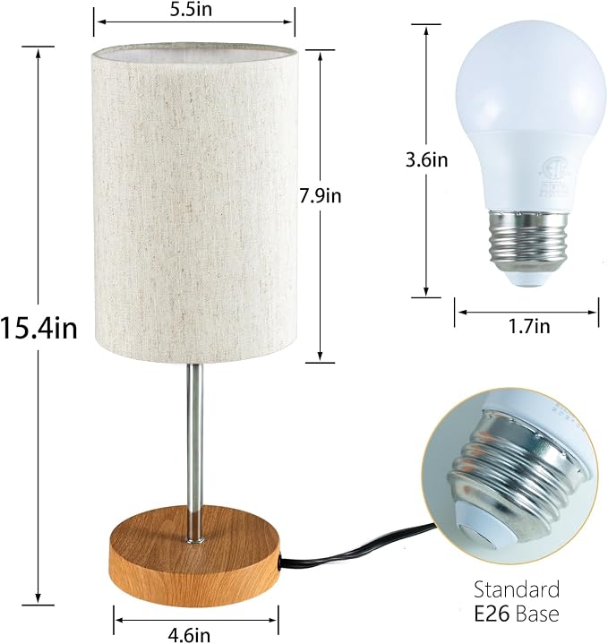 RISLG 2 Pack Small Table Lamps, Bedside Lamps for Nightstand with Wire Switch, Modern Minimalist Desk Lamp with Linen Fabric Shade for Dorm Kids Room Living Room Office Bedroom, Bulb Included-L