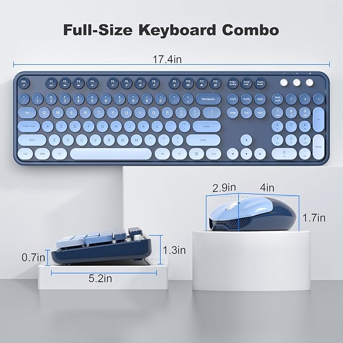MOFII Wireless Keyboard and Mouse Combo, Full Size 2.4G Plug and Play Typewriter Retro Round Computer Keyboard and Mouse Set for Windows, Computer, Desktop, PC, Notebook - (Sea Blue Gradient)
