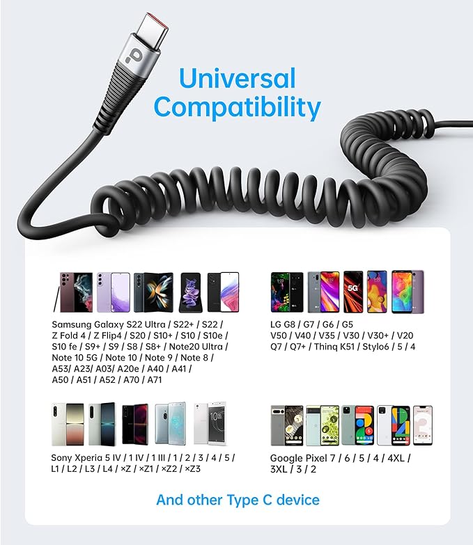 USB C Cable 3A Fast Charging 5FT Coiled USBC to USBC Charger Cable for Car, Short USB Type C Cord for iPhone 17/16/15/Pro/Plus/Pro Max/Samsung Galaxy S23, Compatible All Type C Devices-2Pack